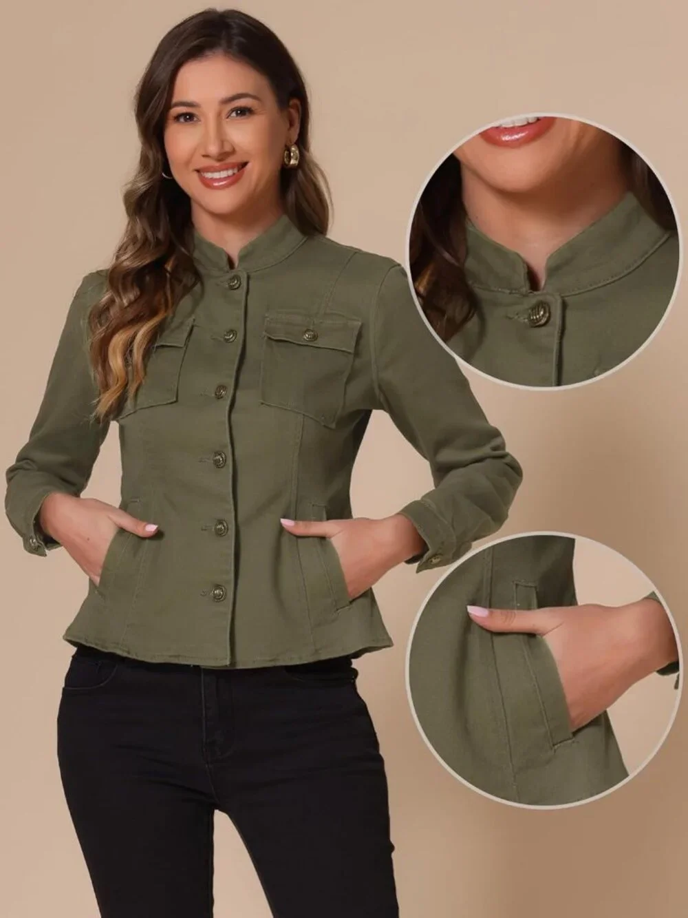 Women's Green Classic Stand Collar Long Sleeve Denim Jackets Flap Chest Pockets